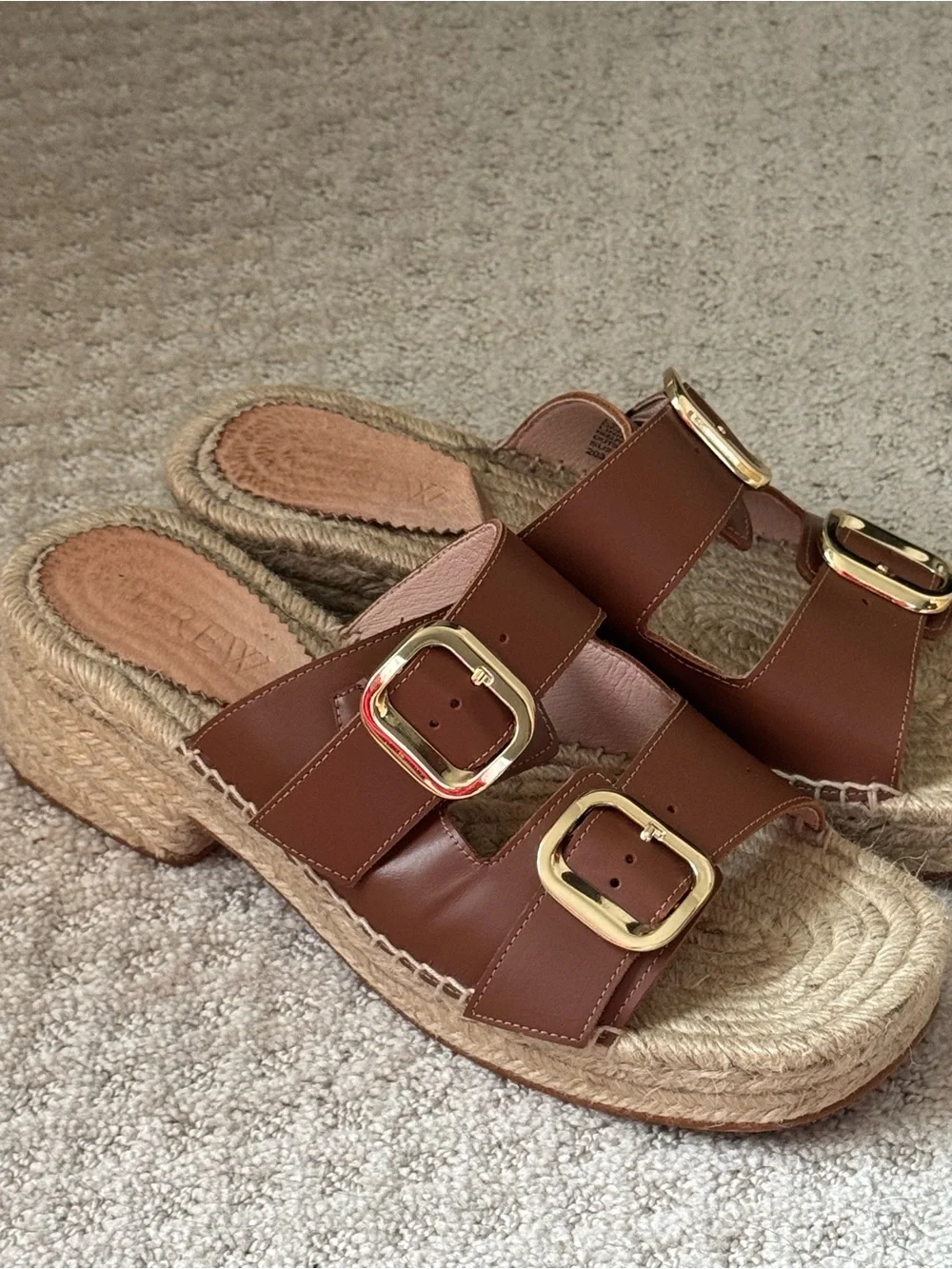 Jcrew Brown Leather Espadrille Platform Slide with Gold Buckles